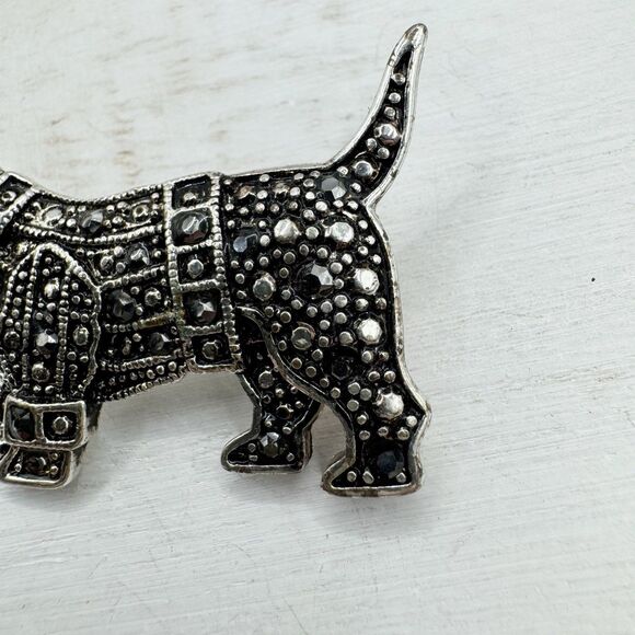 Scotty Dog Scottish Terrier Brooch Pin Silver Tone Marcasite Rhinestone 1 3/4” B - Picture 2 of 8
